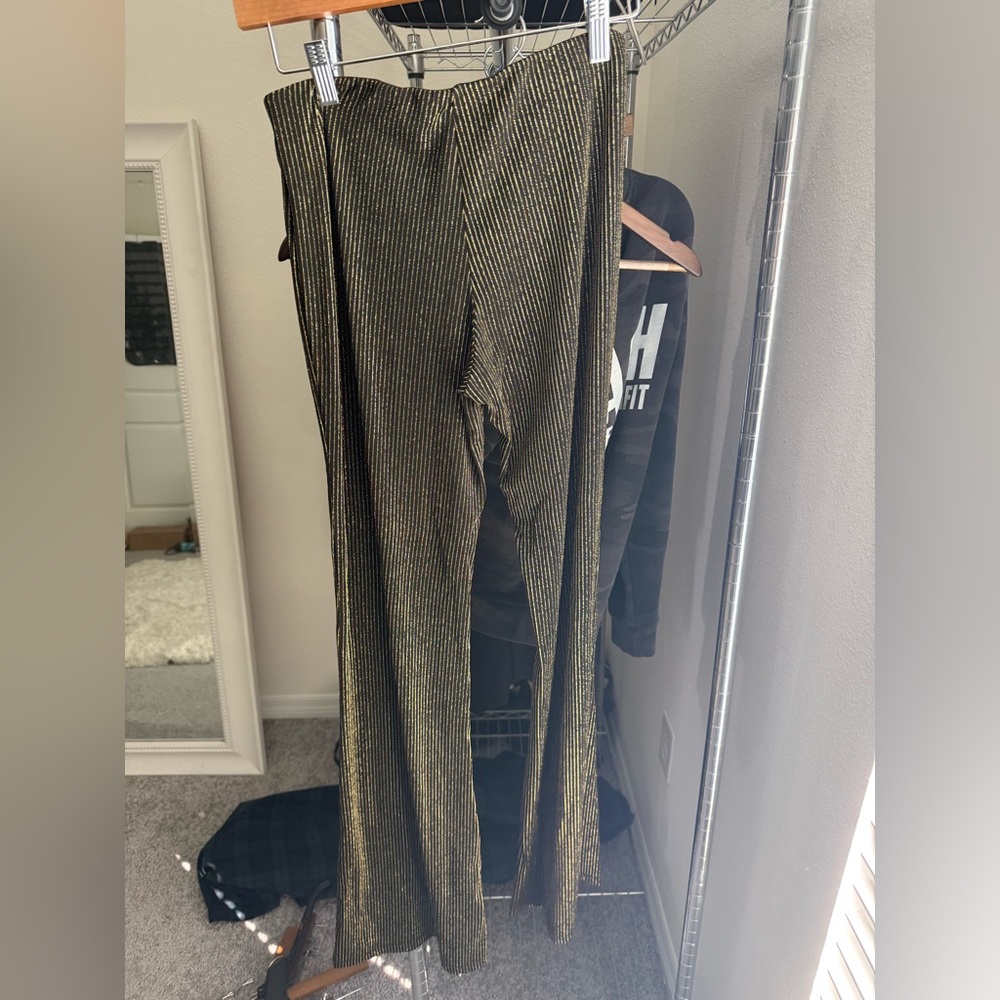 LPA Gold Metallic Ribbed Flare Pants